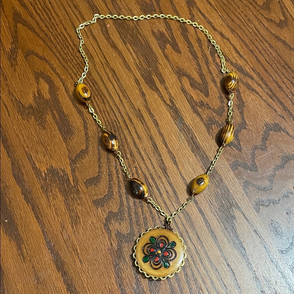 Hand etched Floral double sided Pendant Necklace